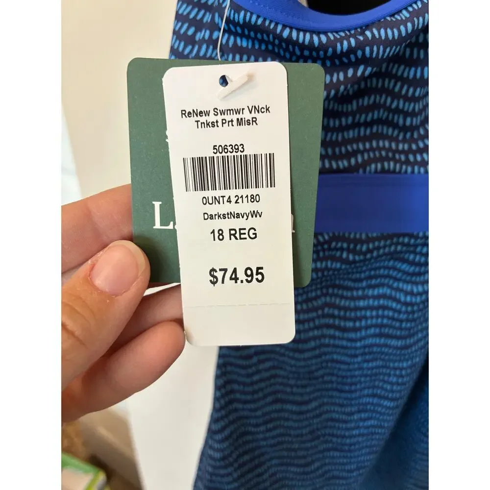LL Bean NEW ReNew V Neck Tank One Piece Swimsuit Size 18 Blue Print UPF 50